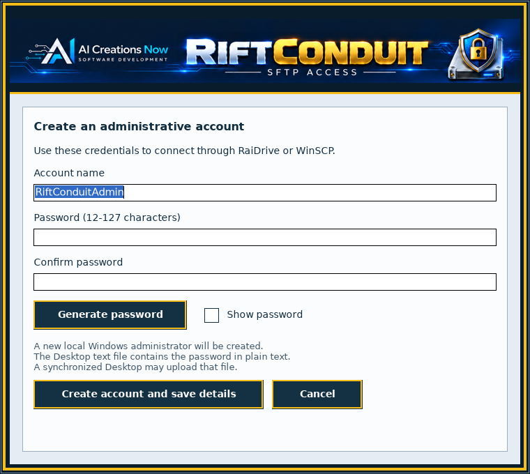 Create a dedicated account — supplied Rift Conduit interface preview