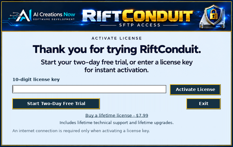 Start your trial. Or activate now. — supplied Rift Conduit interface preview