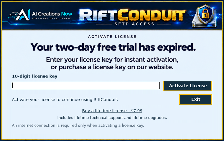 Continue with a lifetime license — supplied Rift Conduit interface preview